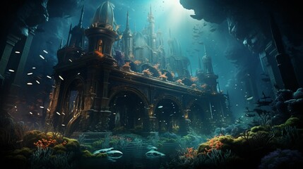 AI generated illustration of a majestic fantasy castle in a serene underwater oasis