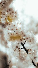 Of a white cherry blossom flower blooming on a lush green tree branch against a bright blue sky