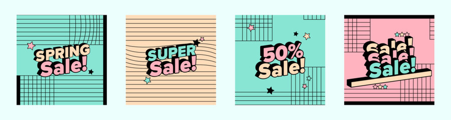 Advertising banner set about Spring Sales for social media with pseudo 3d and graphic elements in a bright colorful style