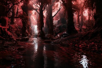 AI generated illustration of a river flowing through a dark pink forest