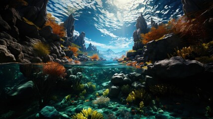 Naklejka na ściany i meble AI generated illustration of an idyllic underwater landscape featuring a variety of aquatic plants