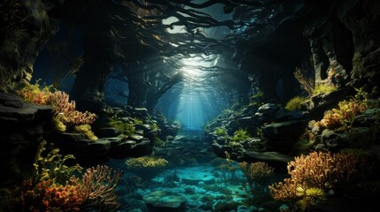 AI generated illustration of an underwater scene featuring sunlight streaming through trees