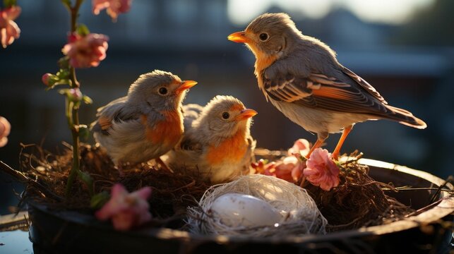 A Nest With Some Baby Birds And Pink Flowers In It