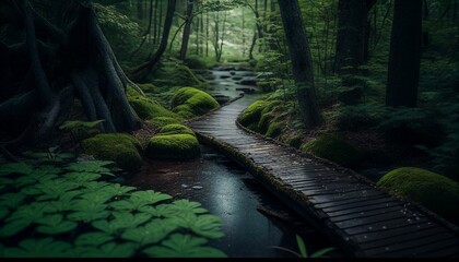 AI generated illustration of a wooden path in a green forest