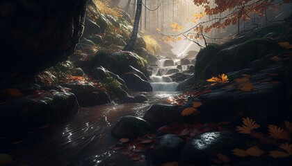 AI generated illustration of a river flowing through an autumn forest