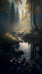 AI generated illustration of a calm river in an autumn forest