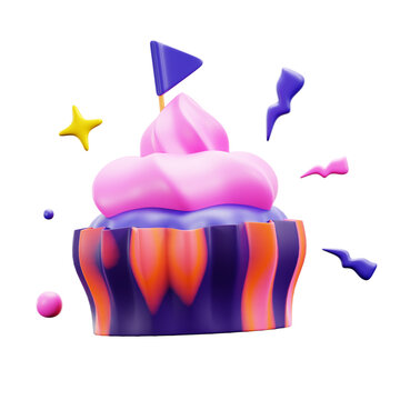 sweets birthday party cupcake with flag confetti ornament 3d icon illustration design