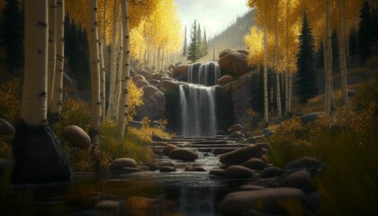 AI-generated illustration of a waterfall in an autumn forest.