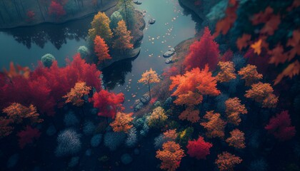 Fototapeta na wymiar AI generated illustration of flowing river surrounded by autumn trees