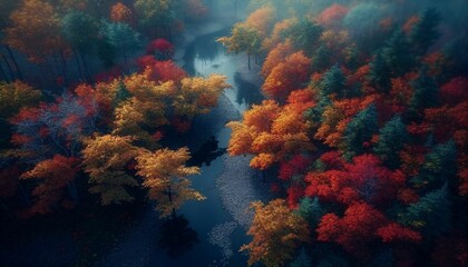 Fototapeta na wymiar AI generated illustration of a river flowing through an autumn forest