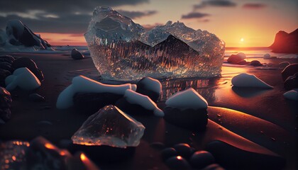 AI generated illustration of the chunks of ice at the beach - obrazy, fototapety, plakaty