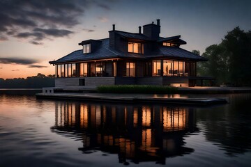 Fototapeta premium A riverfront house, its lights dancing on the water's surface at twilight.