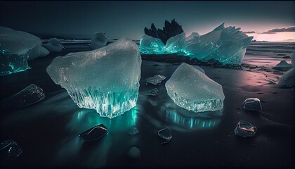 AI generated illustration of illuminated ice rocks at the beach at night