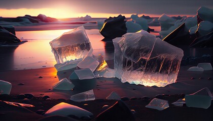 AI-generated illustration of ice and stones on the sand of the beach at the beautiful sunset