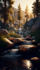 Fototapeta premium a stream in the mountains at sunset with some rocks and trees AI generated
