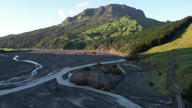 Drone dolly push in to Mt Hikurangi, braided rivers across floadplains below