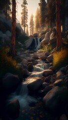 a creek with water coming from it and trees in the background - AI generated