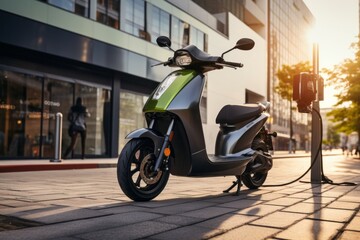 Modern electric moped. Background with selective focus and copy space