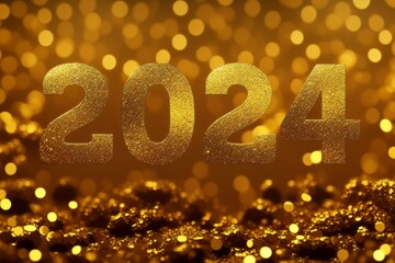 Text or inscription 2024 in gold tones. New Year concept. Background with selective focus and copy space