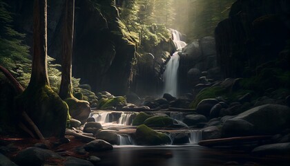 AI generated illustration of A beautiful natural waterfall cascading over a rocky stream bed - obrazy, fototapety, plakaty