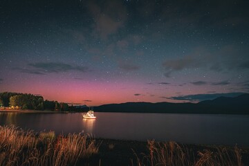 Small sailboat drifting through Lake Te Anau at night.