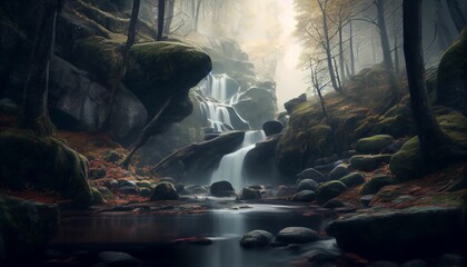 A tranquil waterfall cascading down a lush, green forest in a picturesque setting - AI generated