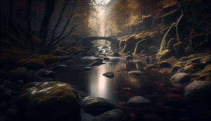 AI generated illustration of a tranquil woodland scene with a stream surrounded by rocks and trees