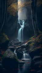 AI generated illustration of a majestic waterfall cascading through a lush green forest at night