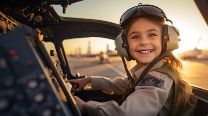 Fototapeta na wymiar A beautiful young female pilot takes a selfie in the cockpit while piloting a plane with the sky in the background. The concept of the dream of flying a plane.