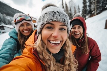 Fototapeta na wymiar Woman with friends on winter holidays in the mountains. Merry Christmas and Happy New Year concept. Portrait