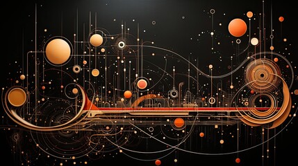 AI-generated abstract illustration of a very convoluted schematic of lines, curves, circles and dots in orange, yellow, gold and black. MidJourney. - obrazy, fototapety, plakaty