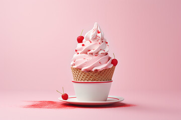 The photo shoot of a strawberry vanilla soft serve topped with cherry and pink red sprinkle ice cream waffle cones served in the cup isolated on a pink background. Generative AI. - Powered by Adobe