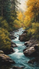 a painting shows a stream surrounded by trees in the fall