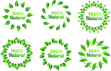 label 100% natural, bio organic, design natur circle color green, leaf label, vector eps 10