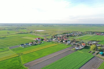Fototapeta premium Aerial view of a rural landscape with cultivated fields, crop lines, and other farmland