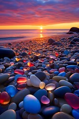 Fototapeta na wymiar AI generated digital art of a sunset at a beach with colorful pebbles