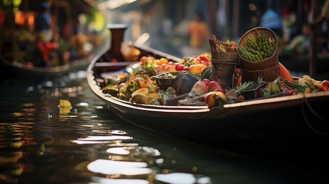 a boat with vegetables and fruit at a floating market in Thailand