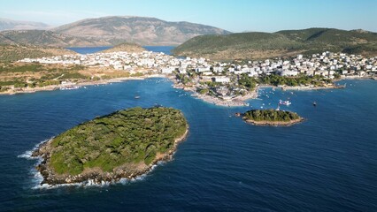 Amazing Drone View of Ksamil Islands in Ksamil, Albania. Top Destination on Albanian Riviera