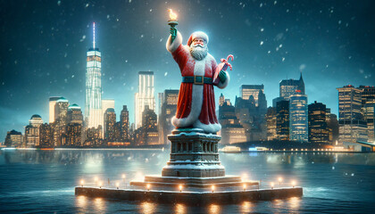 Statue of Liberty with Santa Claus instead with New York City skyline 