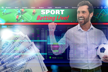 Multiple exposure with sports betting website page, money and emotional man