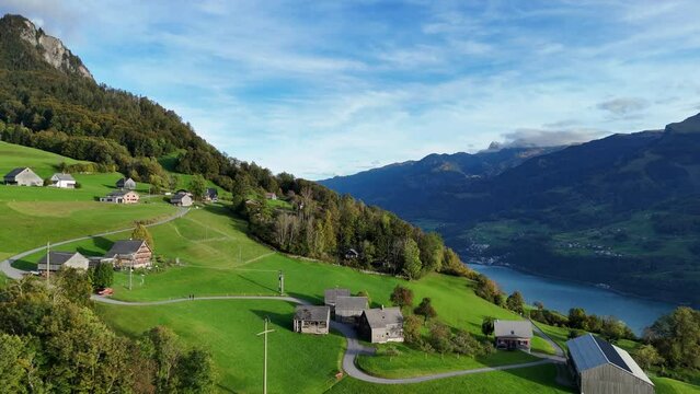 Aerial view of beautiful mountainside above lake walensee. Amden, Switzerland