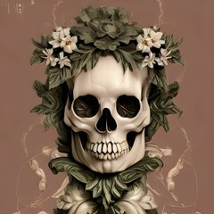 AI-generated illustration of flowers and green leaves on a skull,  on a brown background