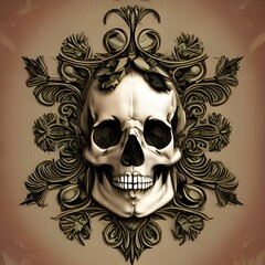 Obraz premium AI-generated illustration of a symmetrical skull, with ornamental design, on a brown background