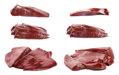 Pieces of raw beef liver isolated on white, set