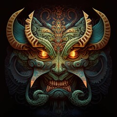 AI-generated illustration of a Chinese demon mask, with glowing eyes, on a dark background
