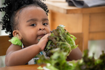Cute little African girl likes to eat green vegetables, use her hands to pick up lettuce and put it...