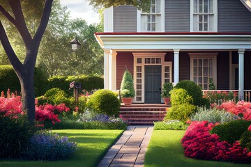 AI generated illustration of a big house with a beautiful garden full of bloomed flowering plants