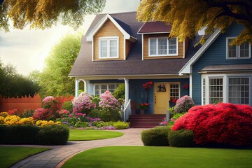 AI generated illustration of a big house with a beautiful garden full of bloomed flowering plants