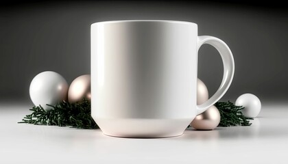 AI-generated illustration of the white cup with Christmas balls and branches