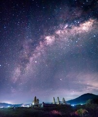 AI generated illustration of the Tamblingan Lake Temple in Munduk, Bali, under the starry night sky